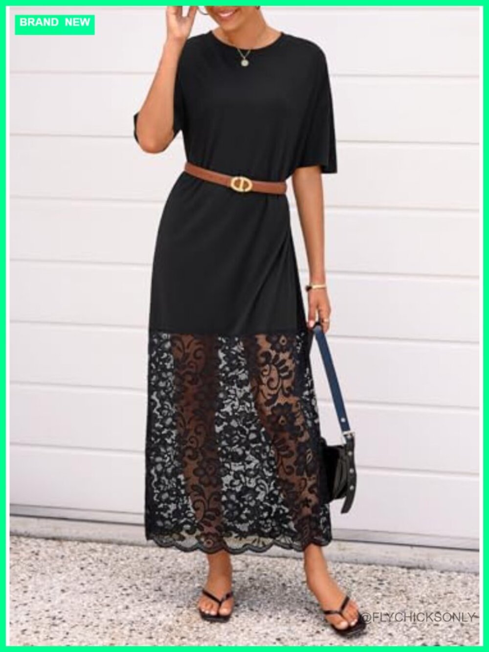 Women Short Sleeve Lace Patchwork Crew Neck Maxi Dress Summer Trendy - Picture 2 of 6